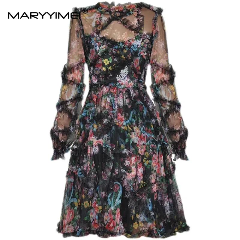 MARYYIMEI Fashion Women's Summer dress Lantern Sleeve Mesh Floral-Print Edible Tree Fungus Party Holiday Ball Gown Dresses