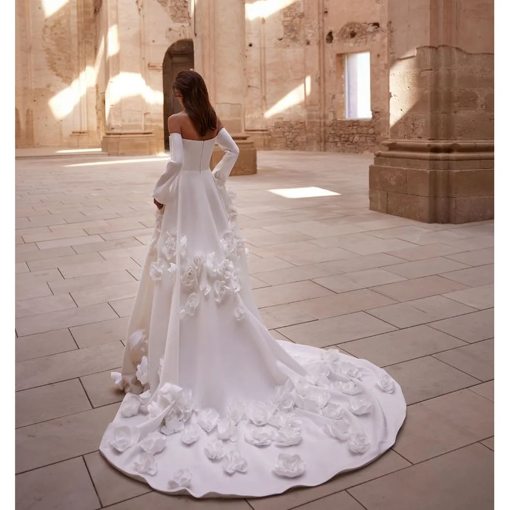 Preciosos vestidos de novia blancos con flores en 3D, vestidos de novia drapeados con mangas acampanadas sin tirantes a la moda, vestidos de novia elegantes con cola de corte