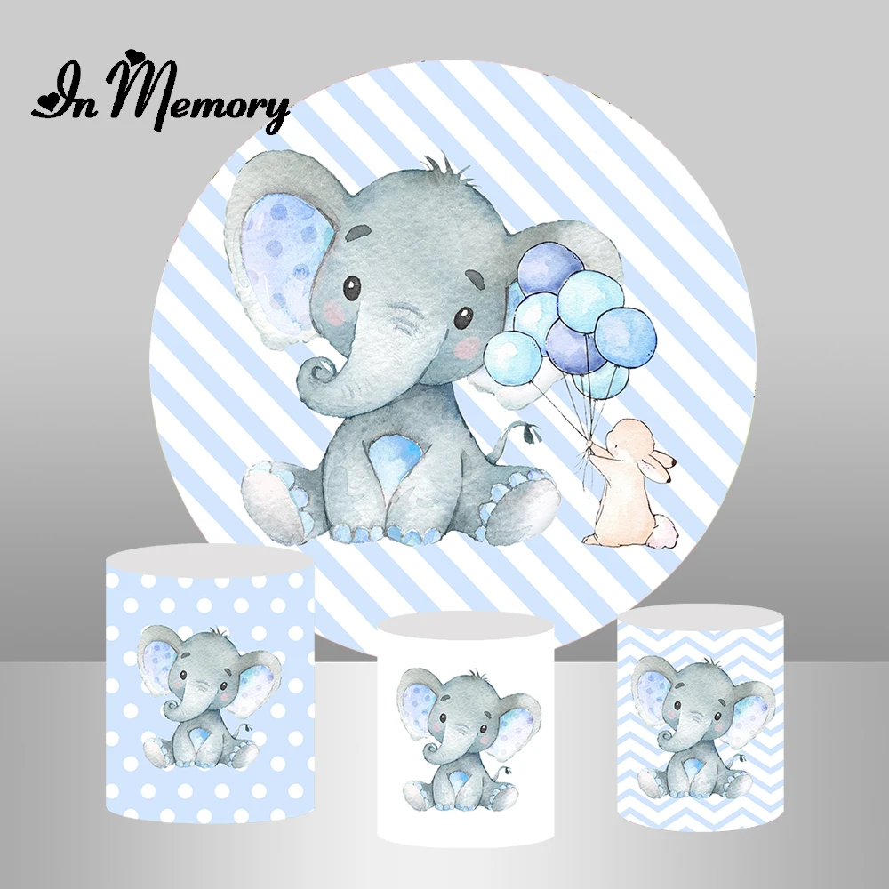 ที่คลุมฉากหลังทรงกลมรูปช้างสำหรับเด็กผู้ชายสีขาวฟ้าลาย1st วันเกิดปาร์ตี้พื้นหลังวงกลมผ้าปูโต๊ะ