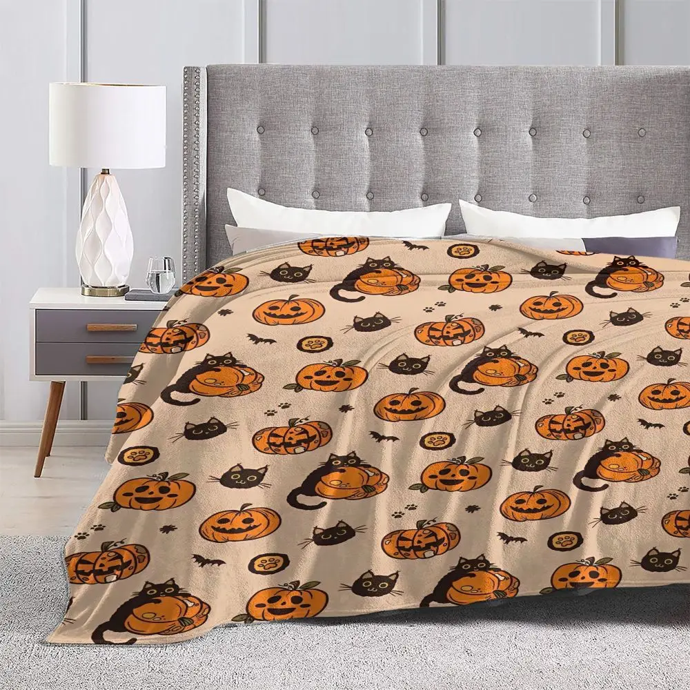 

Halloween Pumpkins Ghosts Cat Blanket Fleece Textile Decor Trick or Treat Breathable Soft Throw Blanket for Bedding Couch Quilt