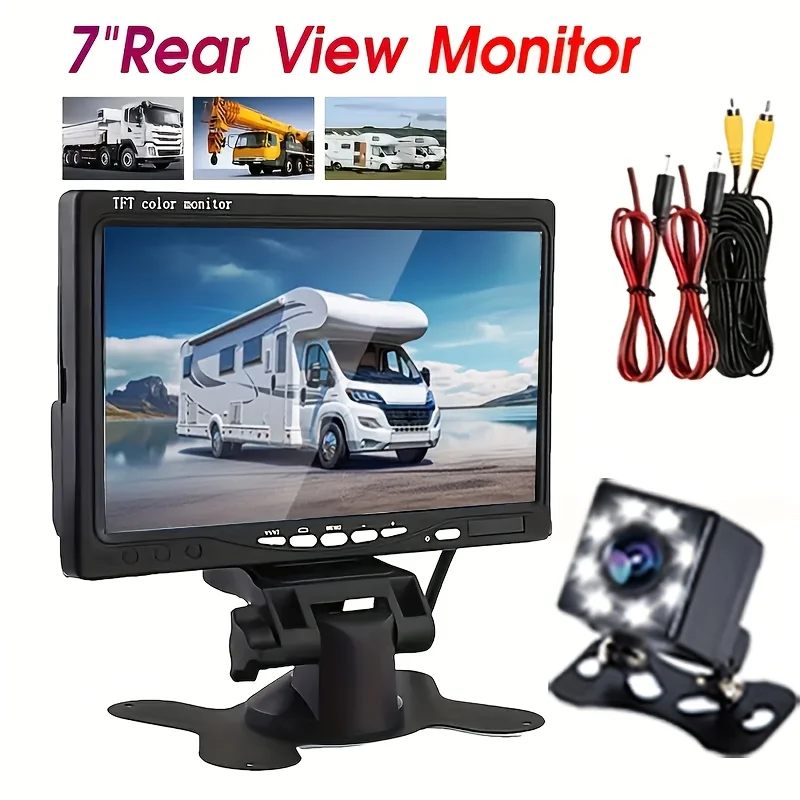 7-Inch Monitor HD Rear View Backup Kit with Night Vision & Wide-Angle 8LED Light Camera - Easy Install, Fit for Cars, Buses