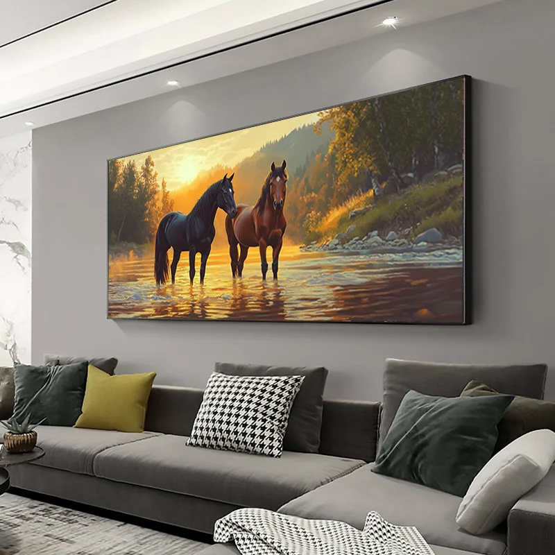 Large-sized frameless canvas paintings,Sunset Two Horses Poster Prints Black Horse Brown Horse in The River Canvas Painting Wall