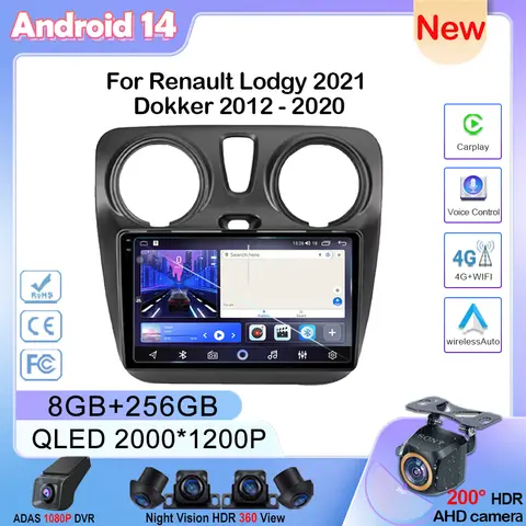 Renault Lodgy 2021 Dokker 2012 - 2020 차량용 라디오, 무선 카플레이, 스테레오 헤드 유닛, 멀티미디어 플레이어, GPS 네비게이션, 안드로이드 14