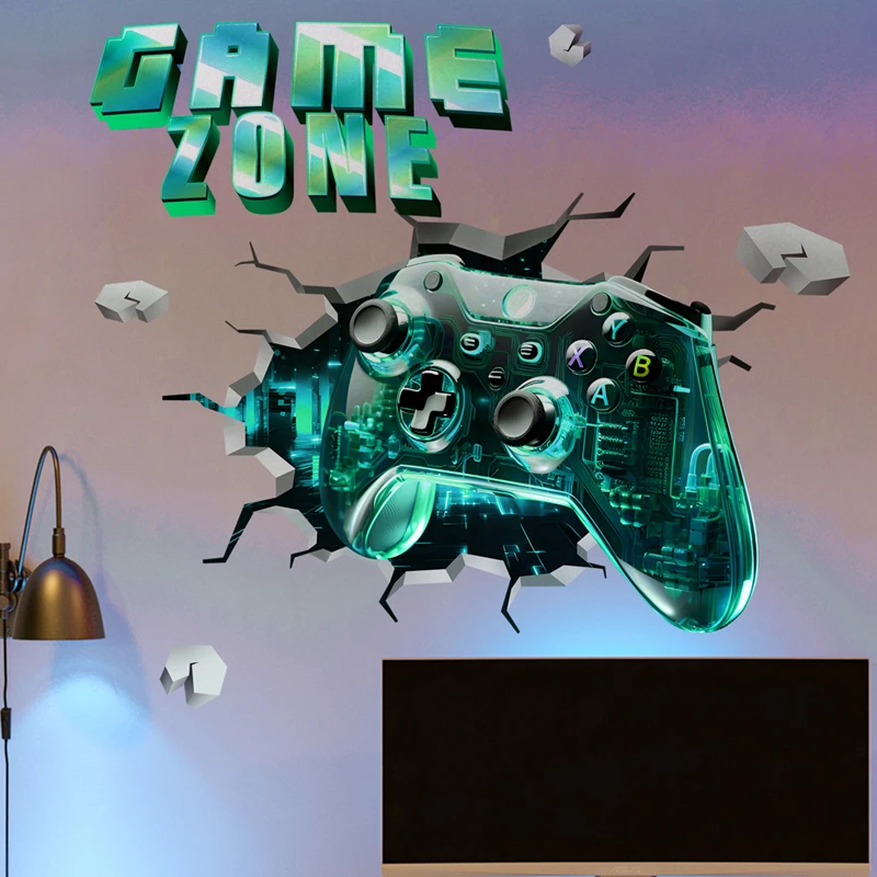 Game Zone Gaming Mural Broken Wall Hole Art 3D Gamepad Vinyl Stickers for Home Gamer Kids Room Bedroom Decoration Big Wallpaper