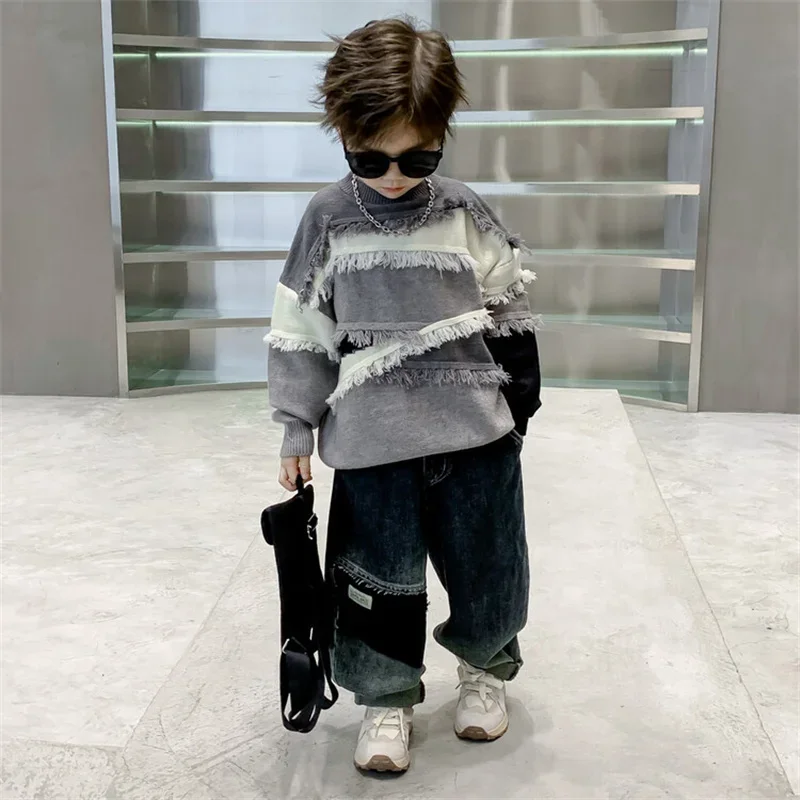 Boys Sweater Wool Coat Kids Tops Knitting Scoop Spring Autumn Plus Thicken Cottons Pullover Teenagers Children's Clothing E4531