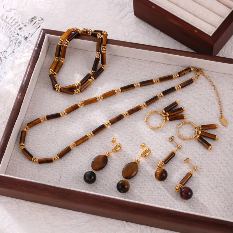 Women\'s Tiger-eye Stone Beads Drop Earrings Necklace Stainless Steel Gold Plated Stud Earring Necklaces For Women Jewelry Set