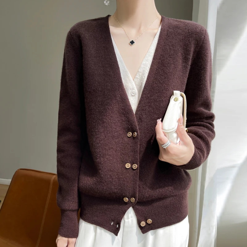 Autumn Winter New Arrival Women's 100% Merino Wool Cardigan Sweater V-Neck Twin Button Placket Fake Two-Piece Knit Outerwear