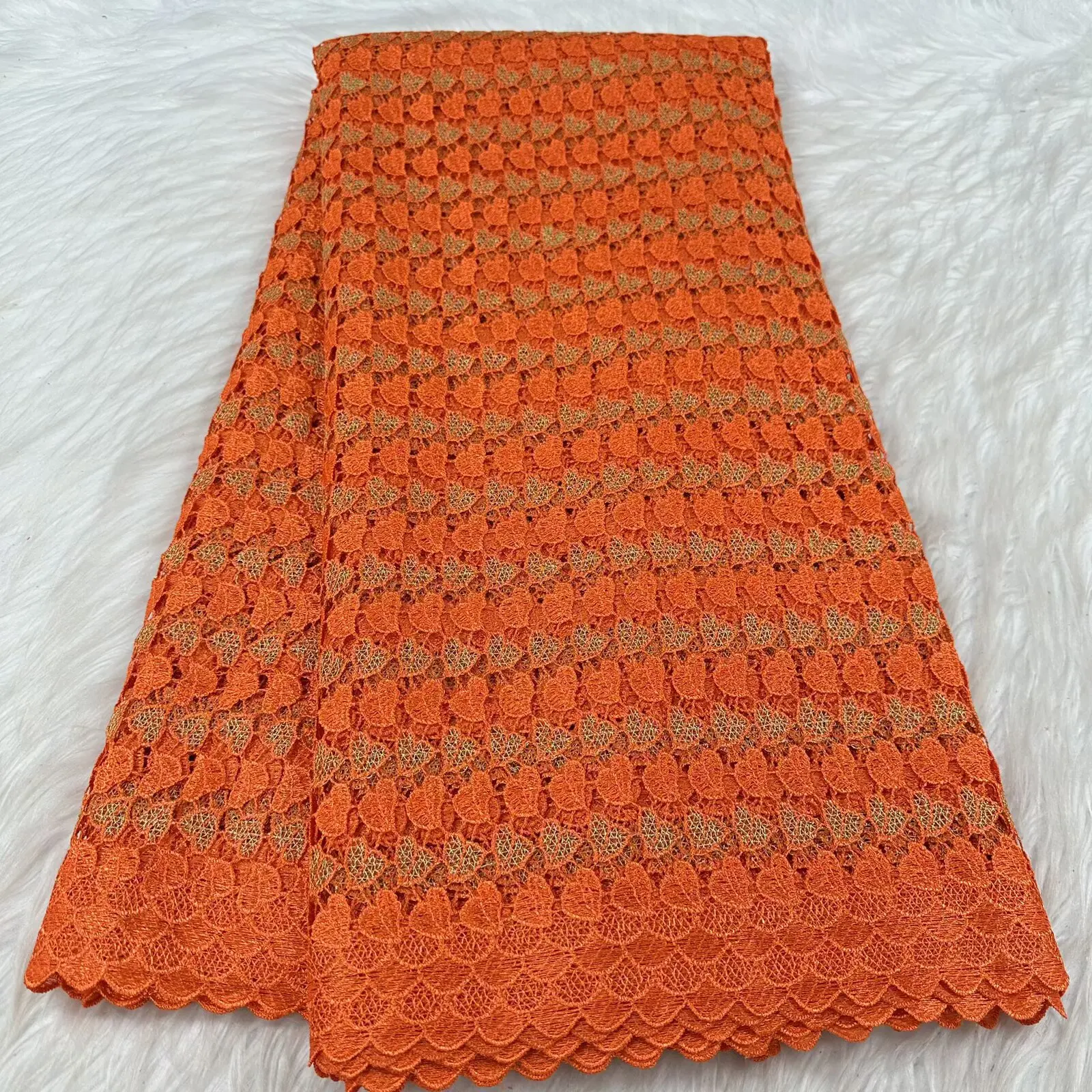 

Африканская кружевная ткань, оранжевый гипюр, вышивка, золотой французский шнур, кружево с цветочным принтом для женщин, праздничное платье, 5 ярдов