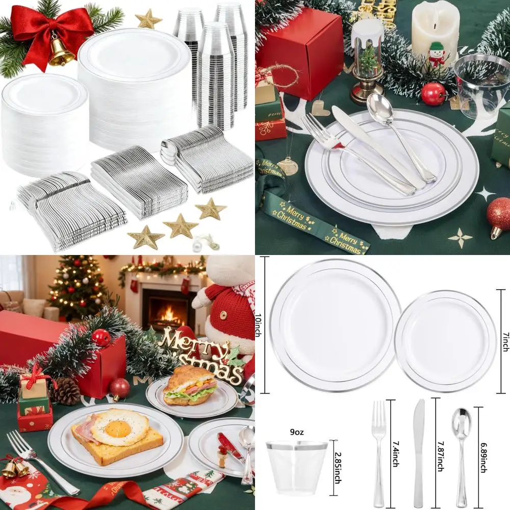 

Набор серебряной пластиковой посуды на 100 гостей — одноразовое серебро для рождественской вечеринки (100 тарелок, 100 десертных тарелок, 100