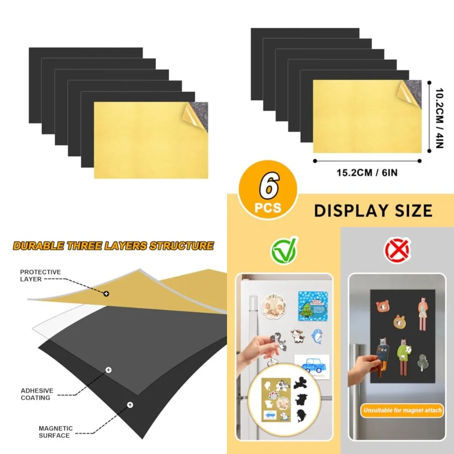 

Magnetic Sheets with Adhesive Backing 6 Pack 4"x6" Picture Size Photo Magnets for Refrigerator Sticky Magnet Sheet