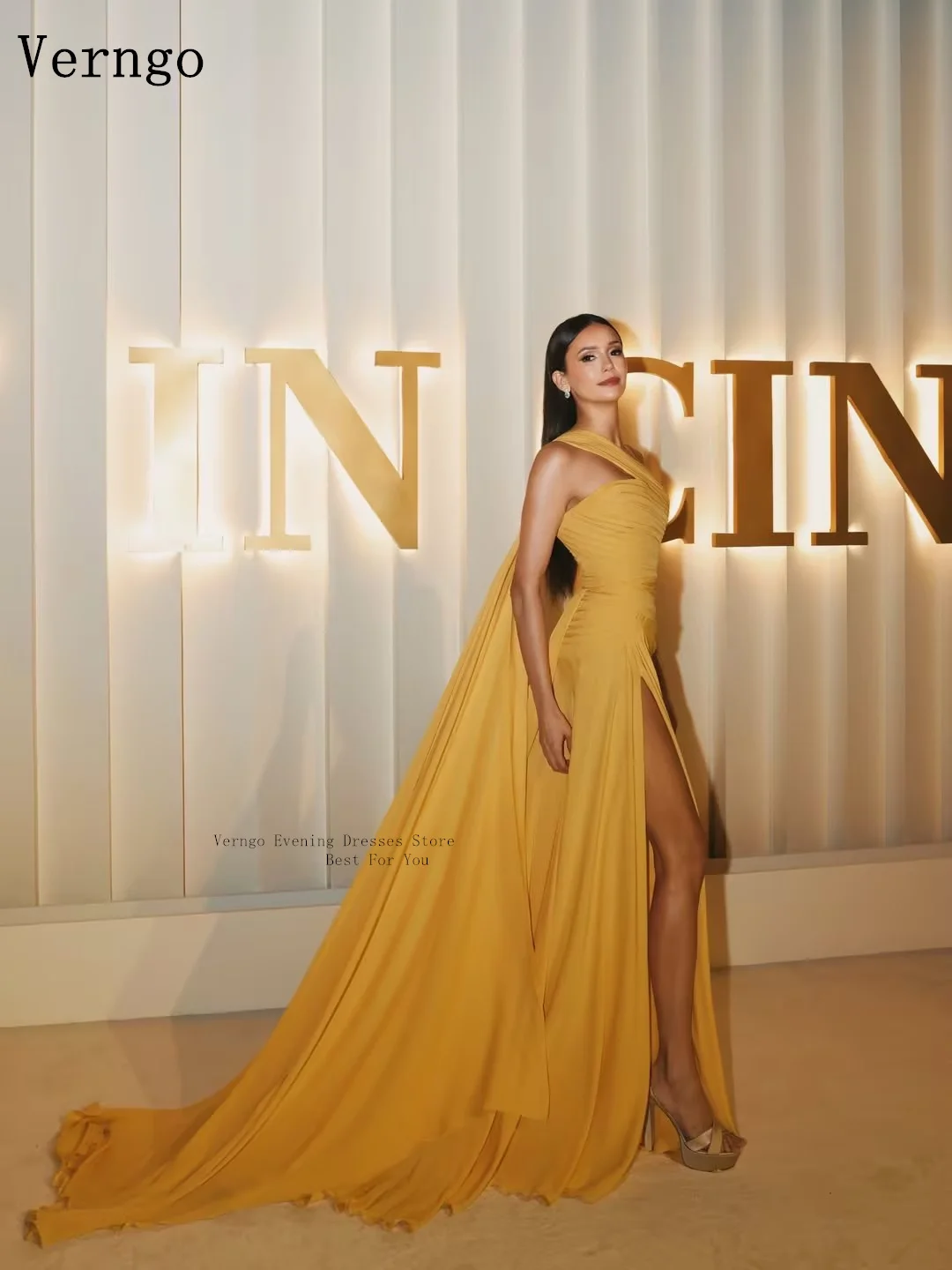 Verngo Yellow Crepe Evening Dress One Shoulder A Line Shawl Pleated Formal Dresses Arabian Prom Gown Customizedفساتين سه