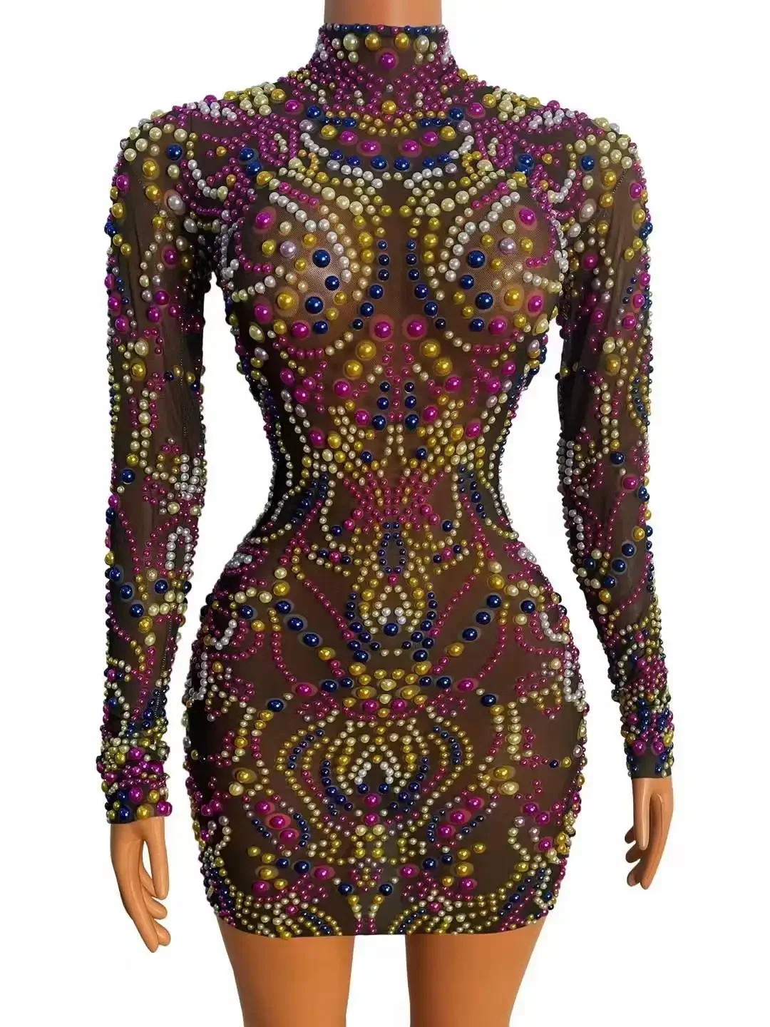 Women Short Dress Rhinestone Beaded Pearl Long Sleeve Stretch Mesh Birthday Queen Outfit Singer Party Cocktail Evening Dresses