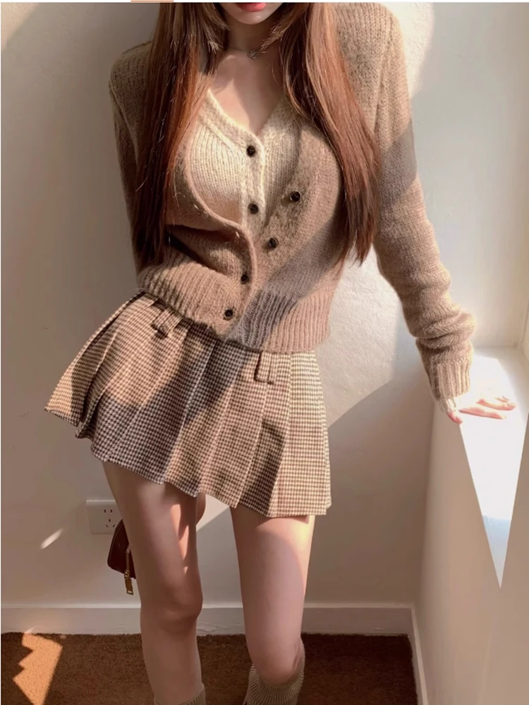 

ZHISILAO Fake 2 Pics Knit Sweater Women V-neck Khaki Sweater Cardigan Autumn Winter 2024 Tops