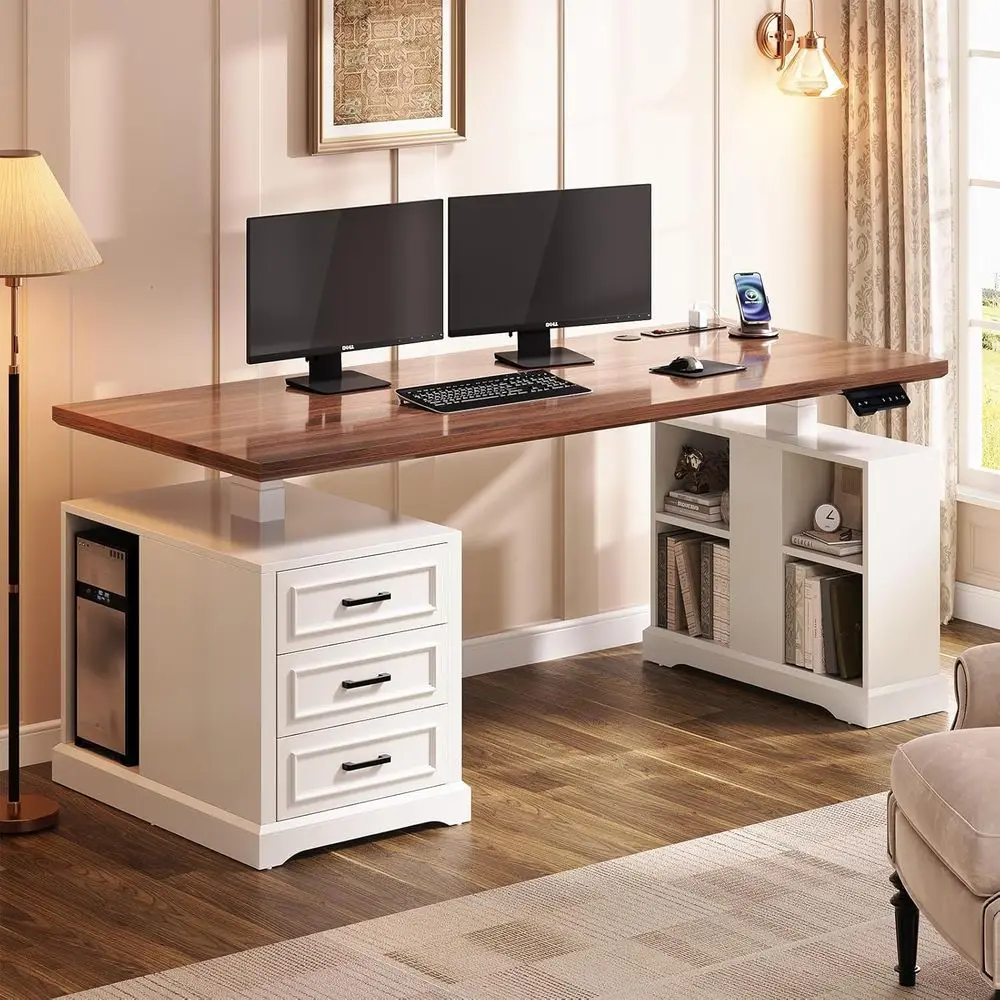 63 Adjustable Electric Standing Desk with 3 Drawers, Shelves, Power Outlets, White Wooden Office Desk for Home Use