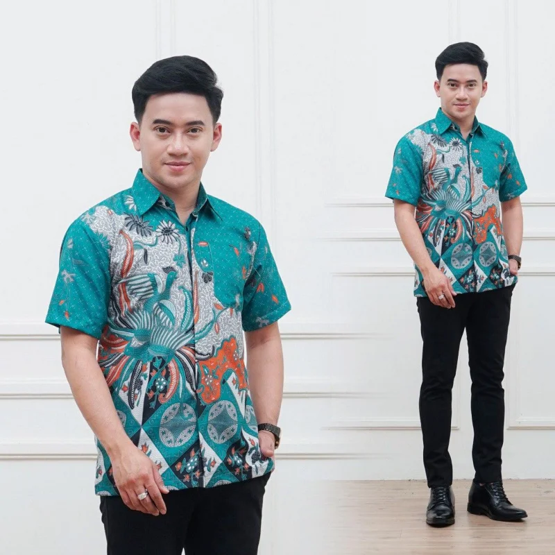 Summer Batik Shirt Short Sleeve For Adult Men Office Shirt Magpie Motif Design 3D Printing National Style