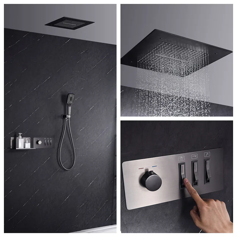 Brushed Gold Shower Set  Ceiling Waterfall/Rain Shower Head Brass concealed thermostatic mixer 3-Function Handheld Shower Head