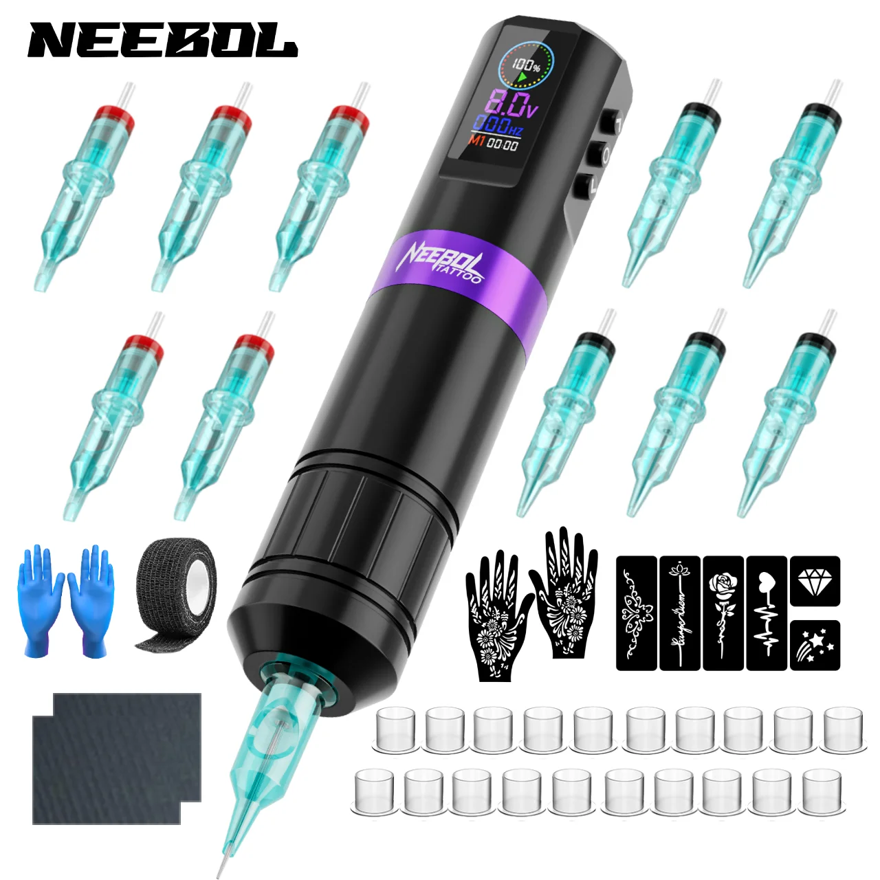 

Полный комплект тату-машины, регулируемый пистолет для татуировки с 3 режимами памяти, рабочее напряжение 5-12 В, 10 игл для татуировки