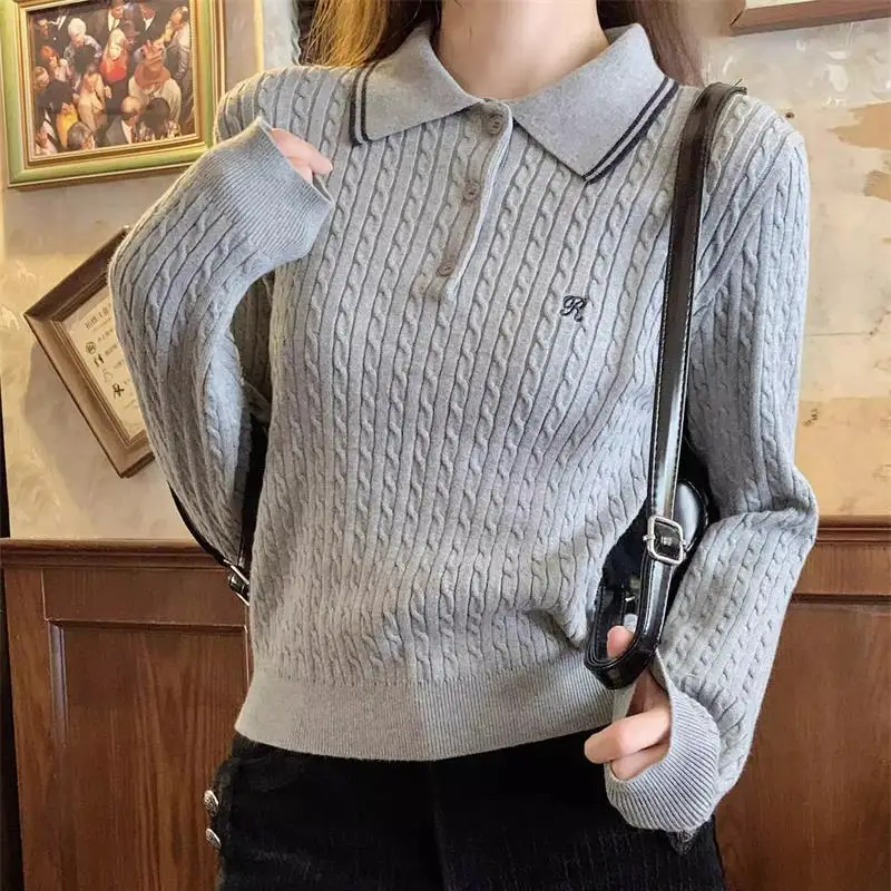 

Embroidered Color Contrast Polo Collar Long Sleeve Knitwear Women's Fried Dough Twists Sweater Wear Short Commuter Tops Outside