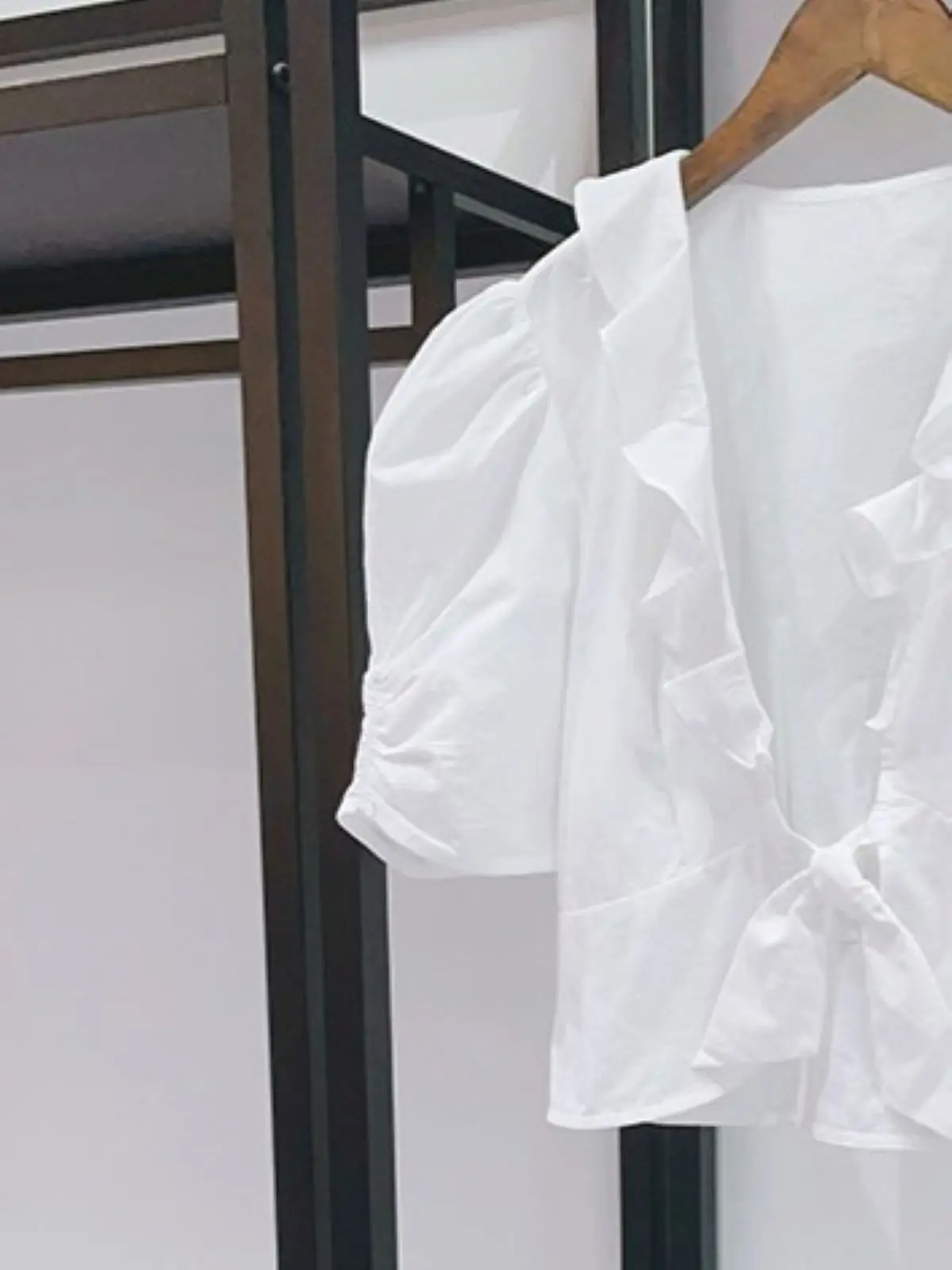 

Spring/Summer Women V-Neck Puff Short Sleeve Solid Set Ruffle Bow Top + High Waist Loose A-Line Elegant Fashion Midi Skirt