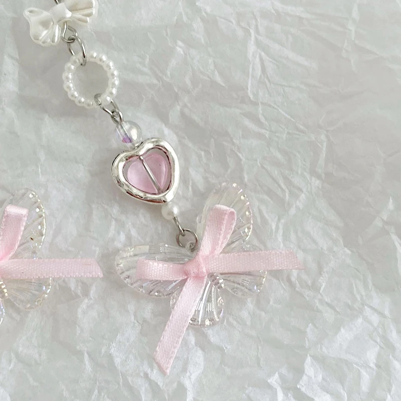1pcs Korean Transparent Butterfly Phone Lanyard Girls Y2K Bow Heart Phone Chain For Girls Cute Sweet Mobile Phone Charm image 6