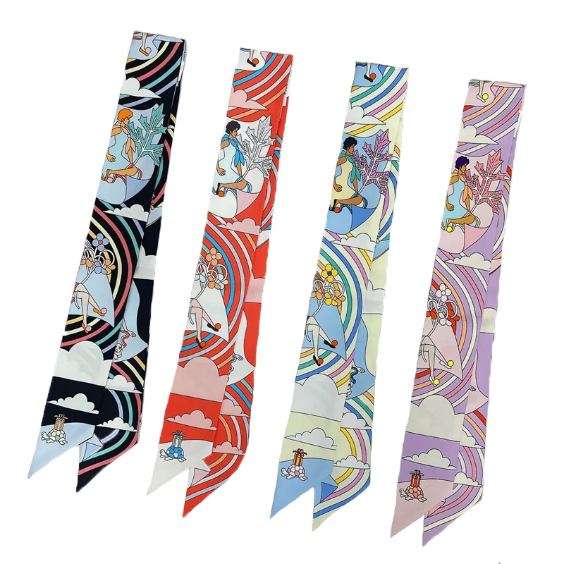 ผู้หญิง 100% หม่อนผ้าไหมผ้าพันคอสําหรับผม Band Wrap กระเป๋าริบบิ้นผ้าพันคอ Luxery Kerchief Lady Hair Strip ผ้าพันคอคอ