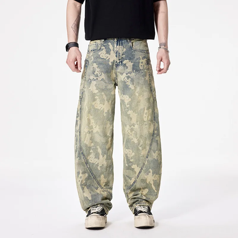

Street Designer Fashion Men Jeans Loose Fit Yellow Camo Spliced Baggy Jeans Men Big Pocket Hip Hop Y2K Denim Cargo Pants Hombre