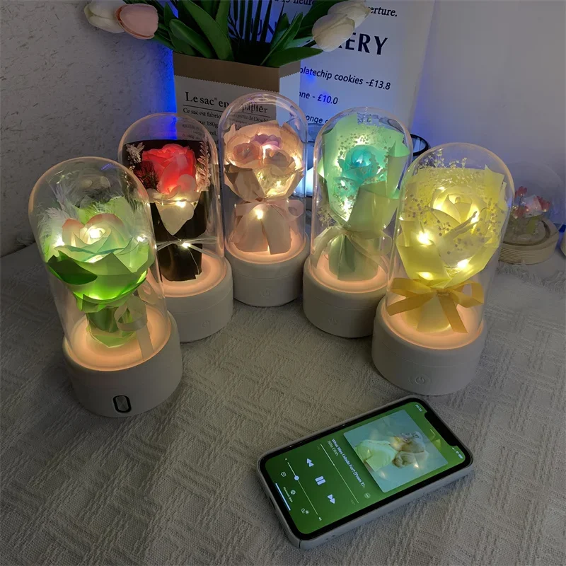 Bouquet LED Light Bluetooth Speaker Creative Mother's Day Gift Rose Flowers Luminous Night Light Ornament 2 In 1 n Glass Cover