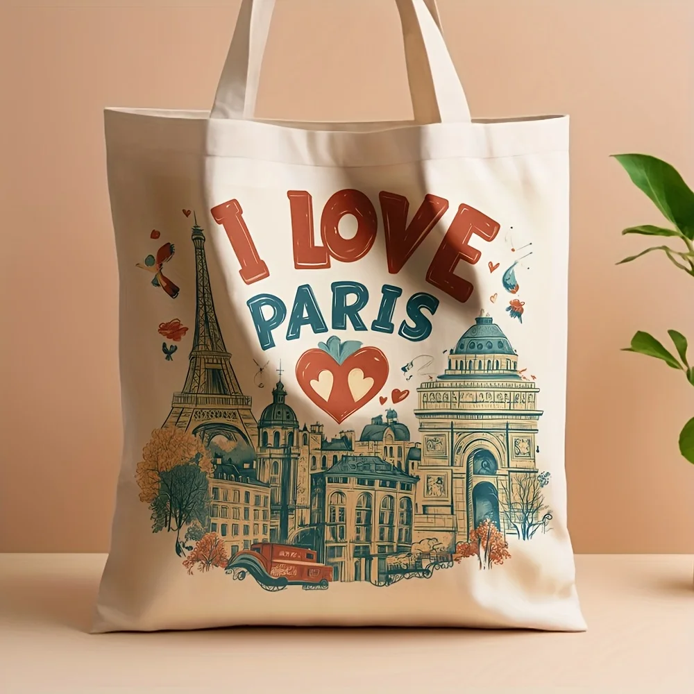 A Paris Landmark Print Canvas Tote Bag, Suitable for Daily Use, Shopping, School, and Travel