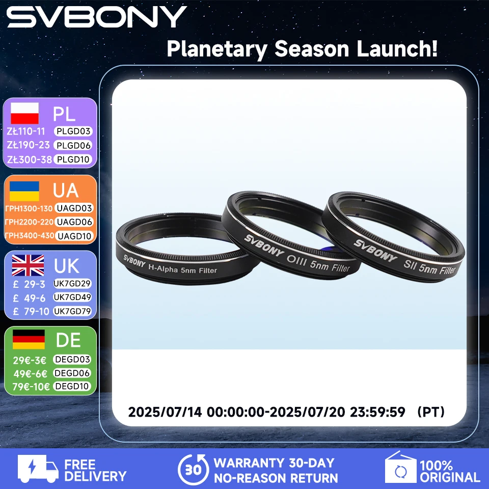 

SVBNOY SV227 2inch Filter 5nmH-Alpha 5nmSII-CCD 5nmOIII-CCD Narrow Band for Astronomy Telescope Deep Space Planetary Photography