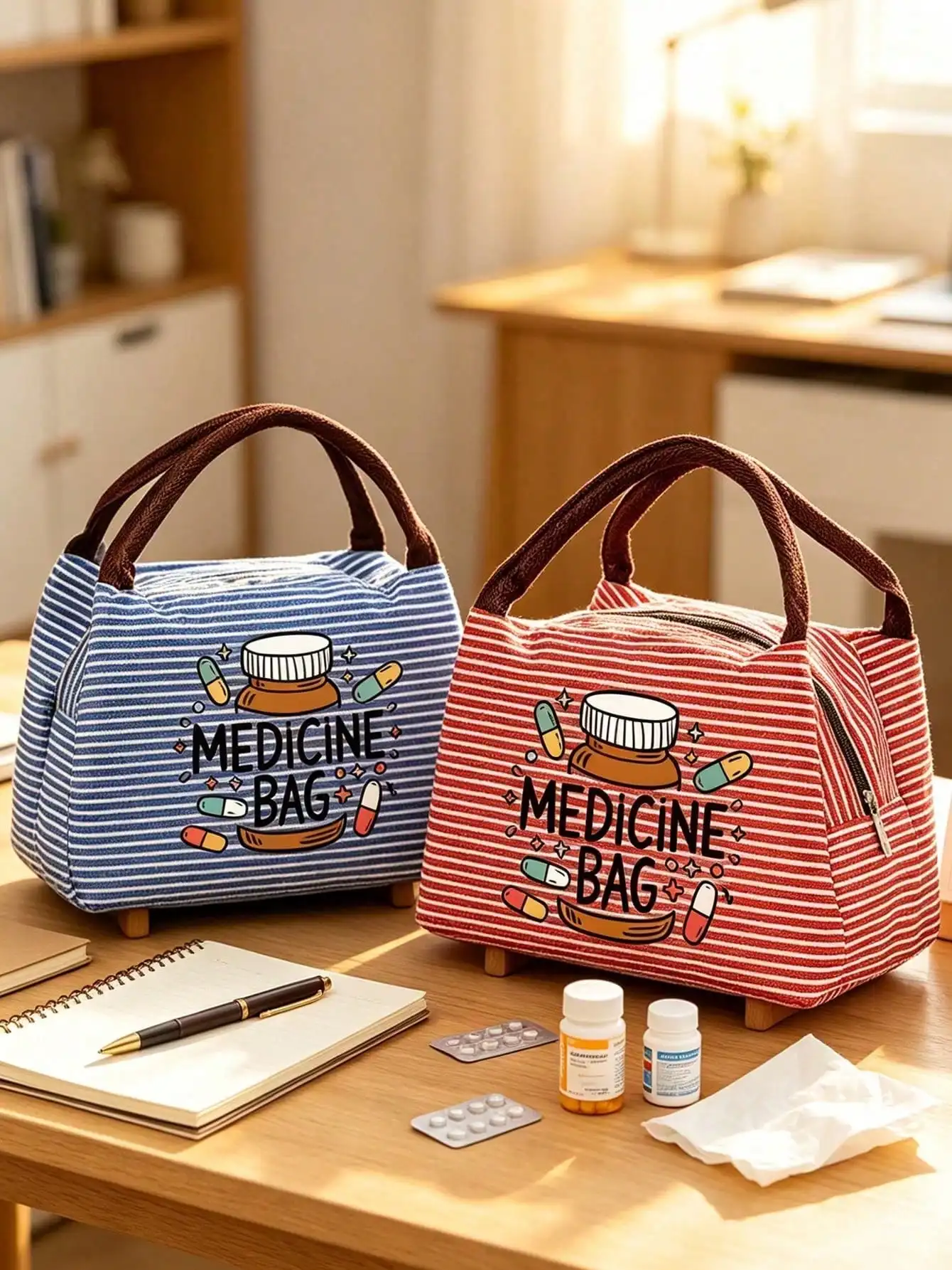 Striped Medicine Bag with "Medicine Bag" Print & 3‑Pill Icons, Compact Fabric Pill Organizer & Portable First‑Aid Kit, Multi‑Functional Medication Storage for Daily Use, Dorm, Outdoor & Travel