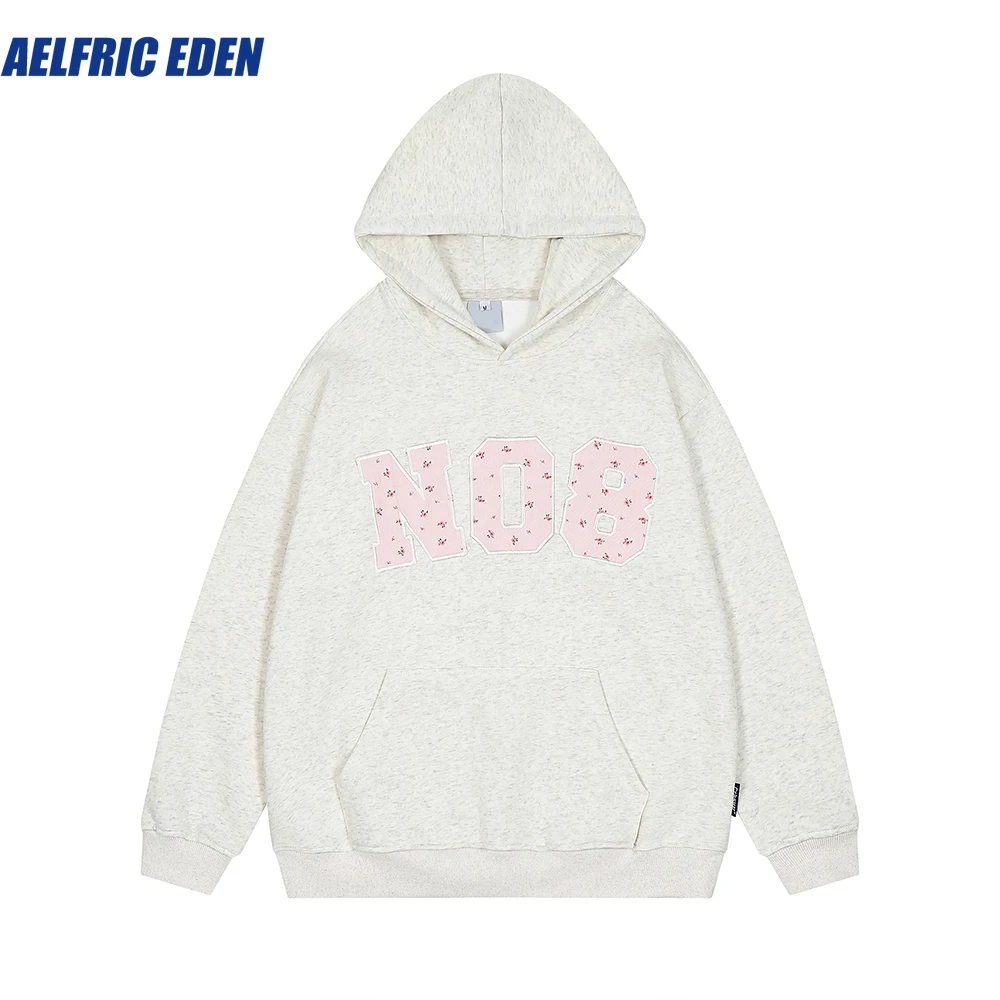 Aelfric Eden Blumen stickerei Nummer Hoodie Sweatshirt Mode Streetwear Y2k Hip Hop lose Baumwolle Kapuze Harajuku Tops