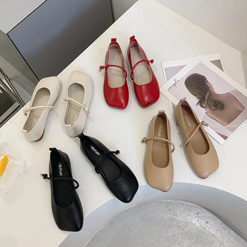 Soft Leatherette Ballerinas Women Rope Belt  Ballet Flats Square Toe Loafers Ladies Retro Red Mary Janes 2022 New view 6