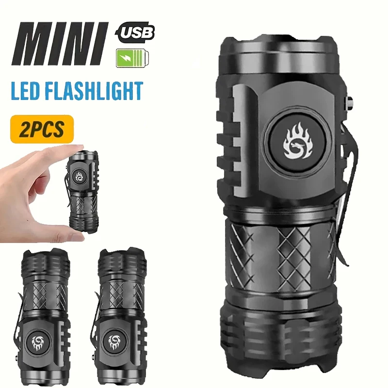 

High Strong Power LED Flashlight Built-in Battery Type-C Rechargeable with Pen Clip Torch Outdoor Camping Emergency Lantern
