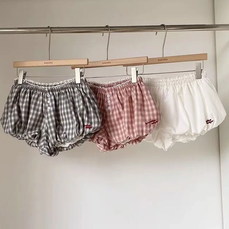 Womens Plaid Bubble Shorts Elastic Waist Bloomer Shorts Casual Short Pants Summer Streetwear