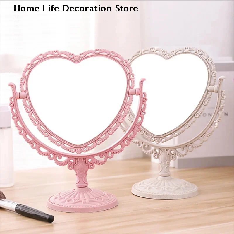 New Women Desktop Makeup Mirror Heart Shape Makeup Vanity Portable Double-side Vanity Mirror Hand Mirror Cosmetic Compact Mirror