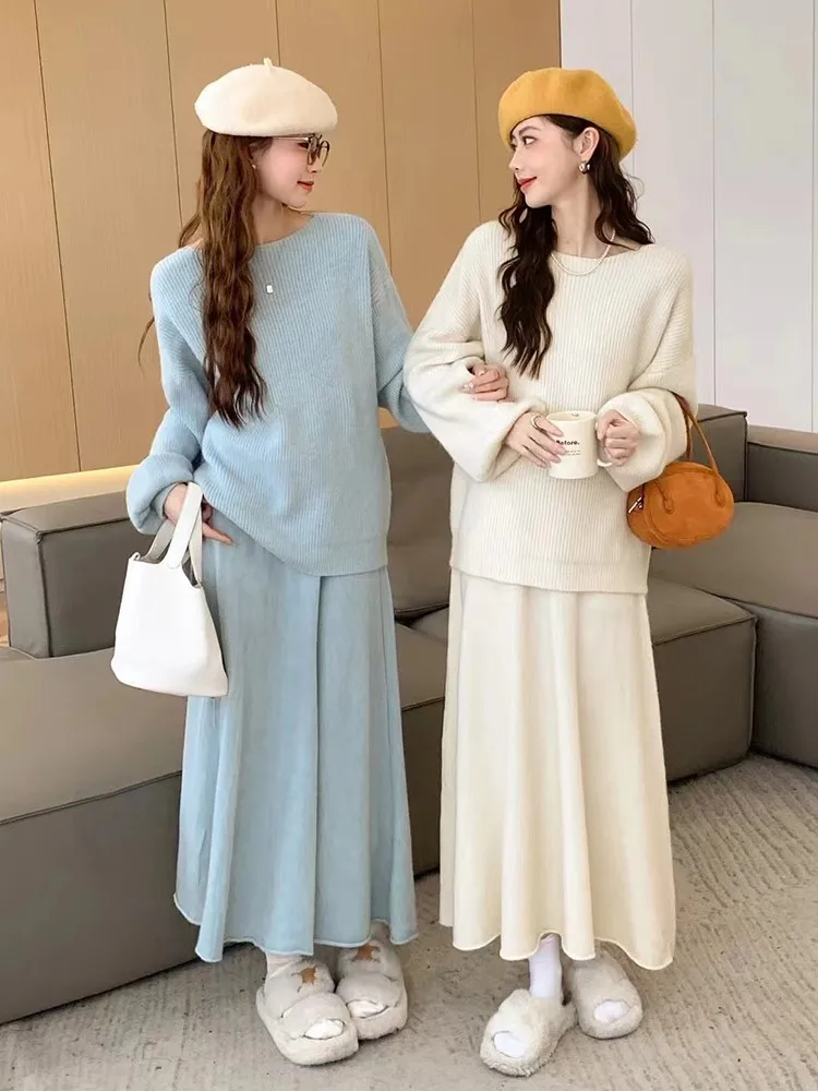 Autumn  Winter New Women Casual 2 Piece Set Elegant Solid Sweater Top A-Line Long Dress Suit Office Lady Knitted Outfit Fashion