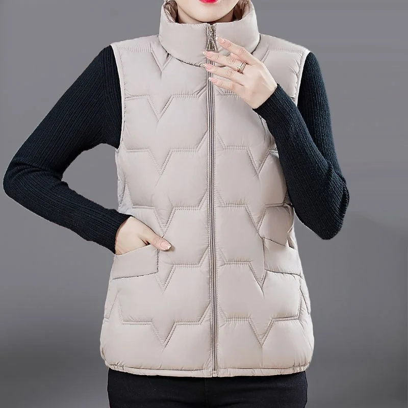 Fashion Women Down Cotton Jackets Vests Solid Stand Collar Zipper Cardigan Thicken Autumn Winter Warm Casual Sleeveless Coats