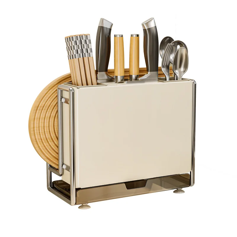 

Легкий роскошный кухонный многофункциональный держатель для ножей кремового цвета, столешница для разделочной доски, встроенный нож для разделочной доски