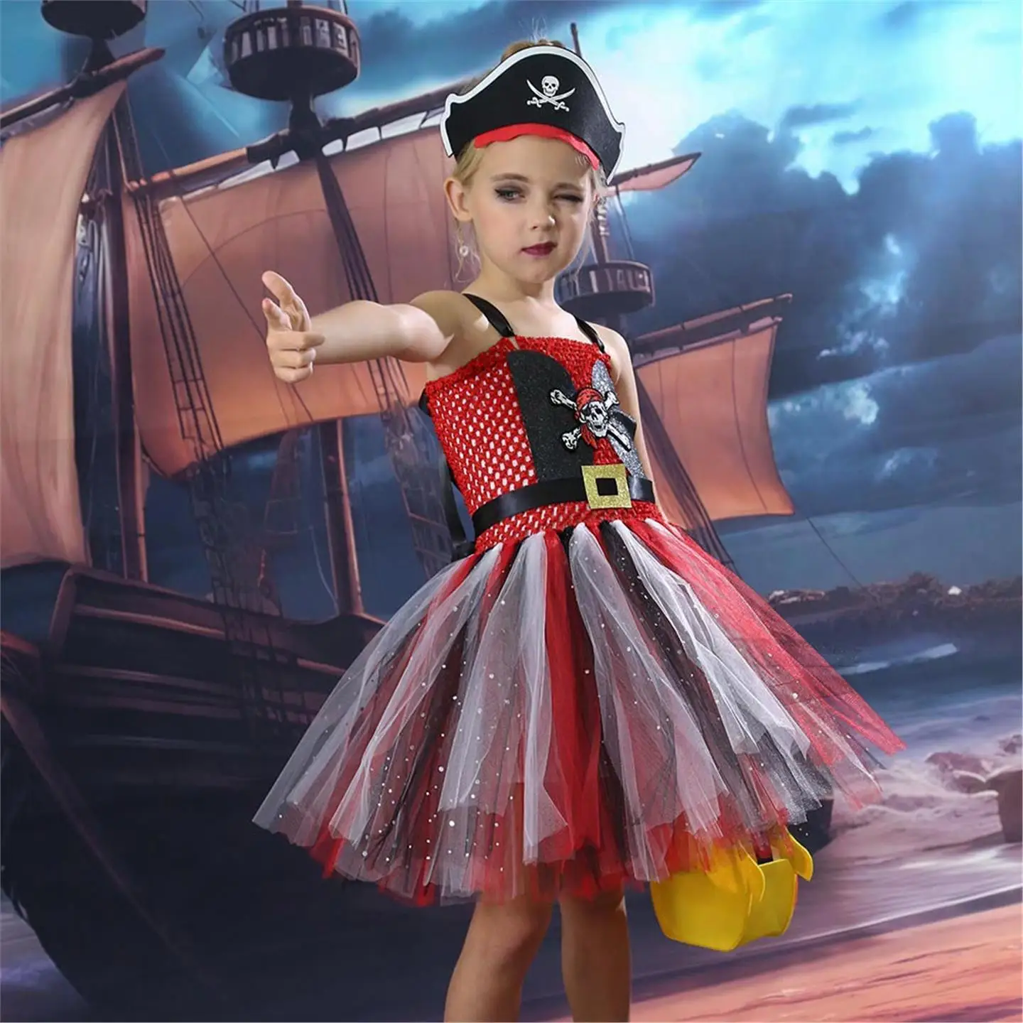 Caribische Piraat Prinses Rok voor Meisjes Halloween Skelet Hoofd Tutu Rok Kindermaskerade Dans Cosplay Kostuum