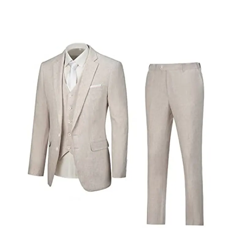 Linen Suit 3 Piece Vintage Retro Wedding Prom Suits Slim Fit Jacket Coat Groom Tuxedos