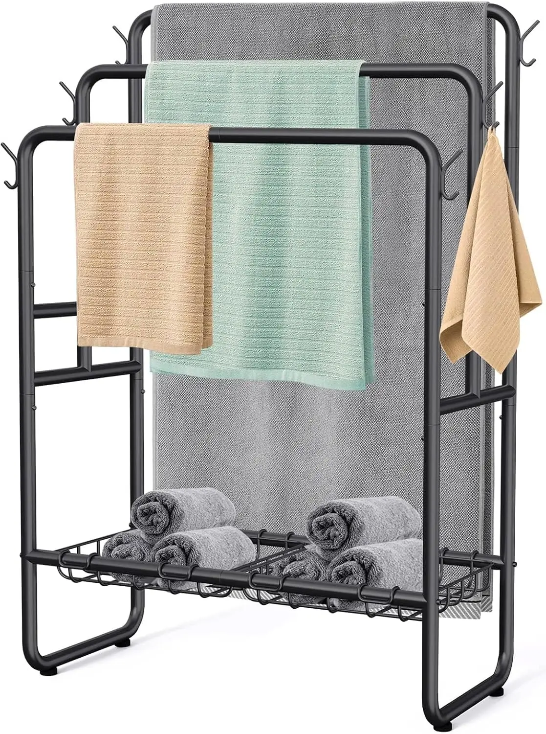 

40" Tall Standing Towel Racks, 3 Tier Towel Stand Blanket Rack with 2 Removable Storage Baskets & 6 Hooks, Indoor Outdoor