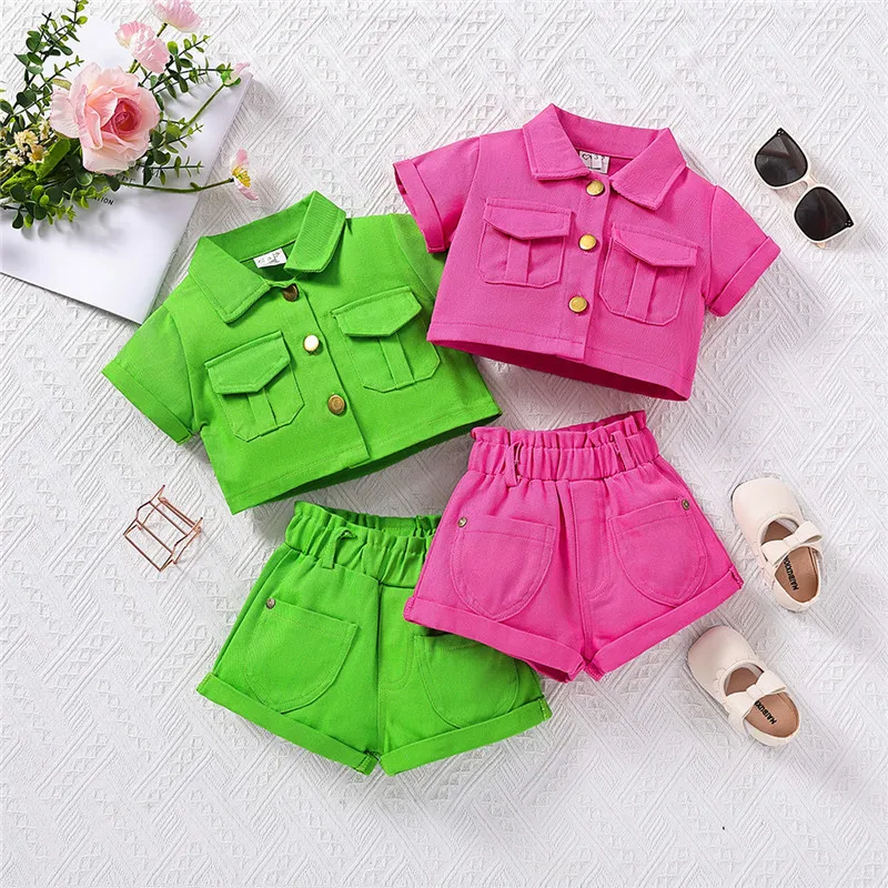 

2-7Y Girls Two Pieces Summer Clothes Fashion Children Solid Color Crops Shirt+Ruffle Waist Shorts Pants Kids Tracksuits Outfits