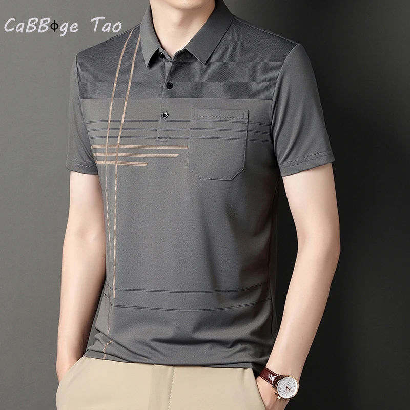 Summer New Men's Color Blocking Polo Shirt Pocket Button Up T-shirt Casual Slim Fit Comfortable Short Sleeved Breathable Top