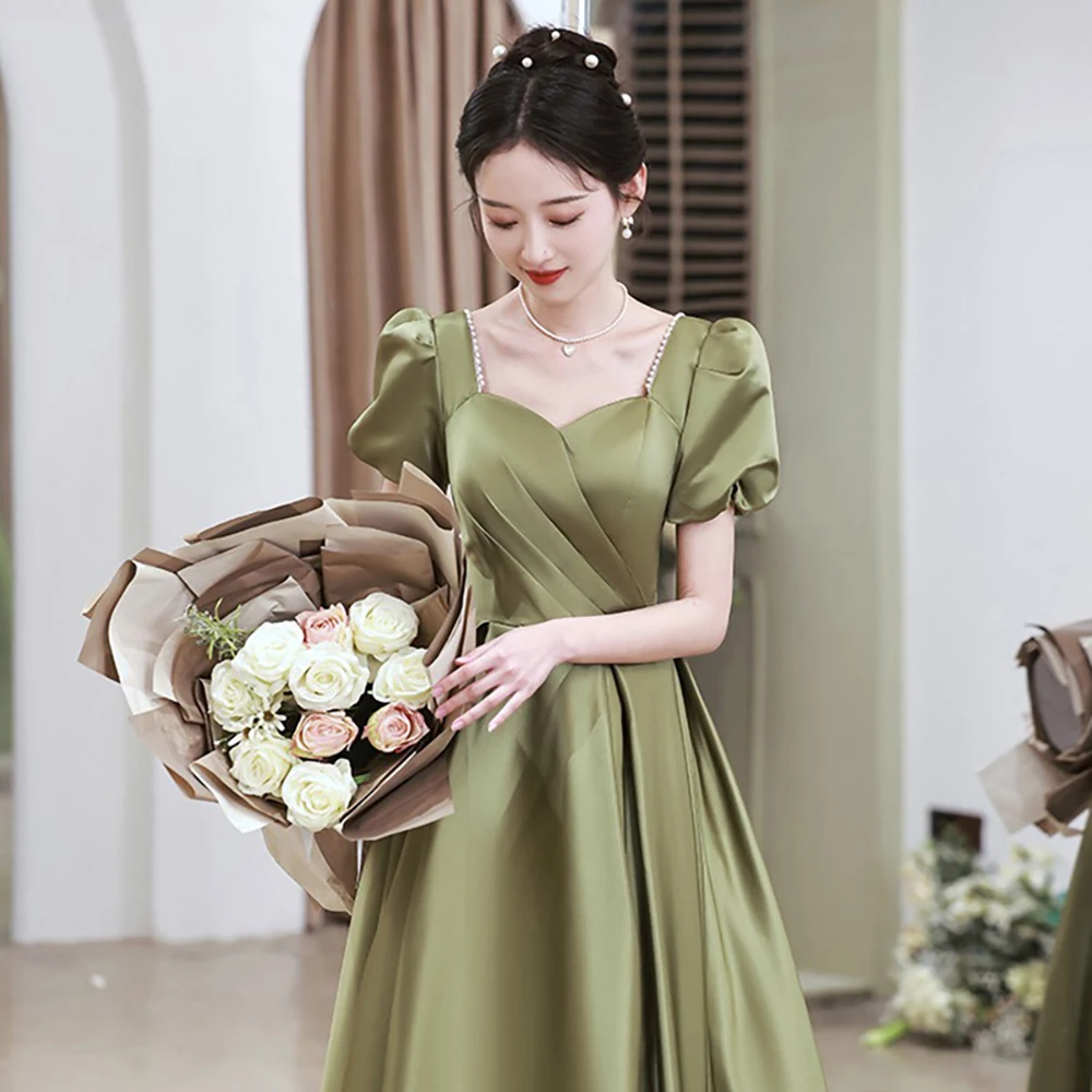 Luxury Evenng Dress for Women Beadings Square Collar Green Satin Long Banquet Prom Dresses Girls Party Quinceanera Dress Hosting