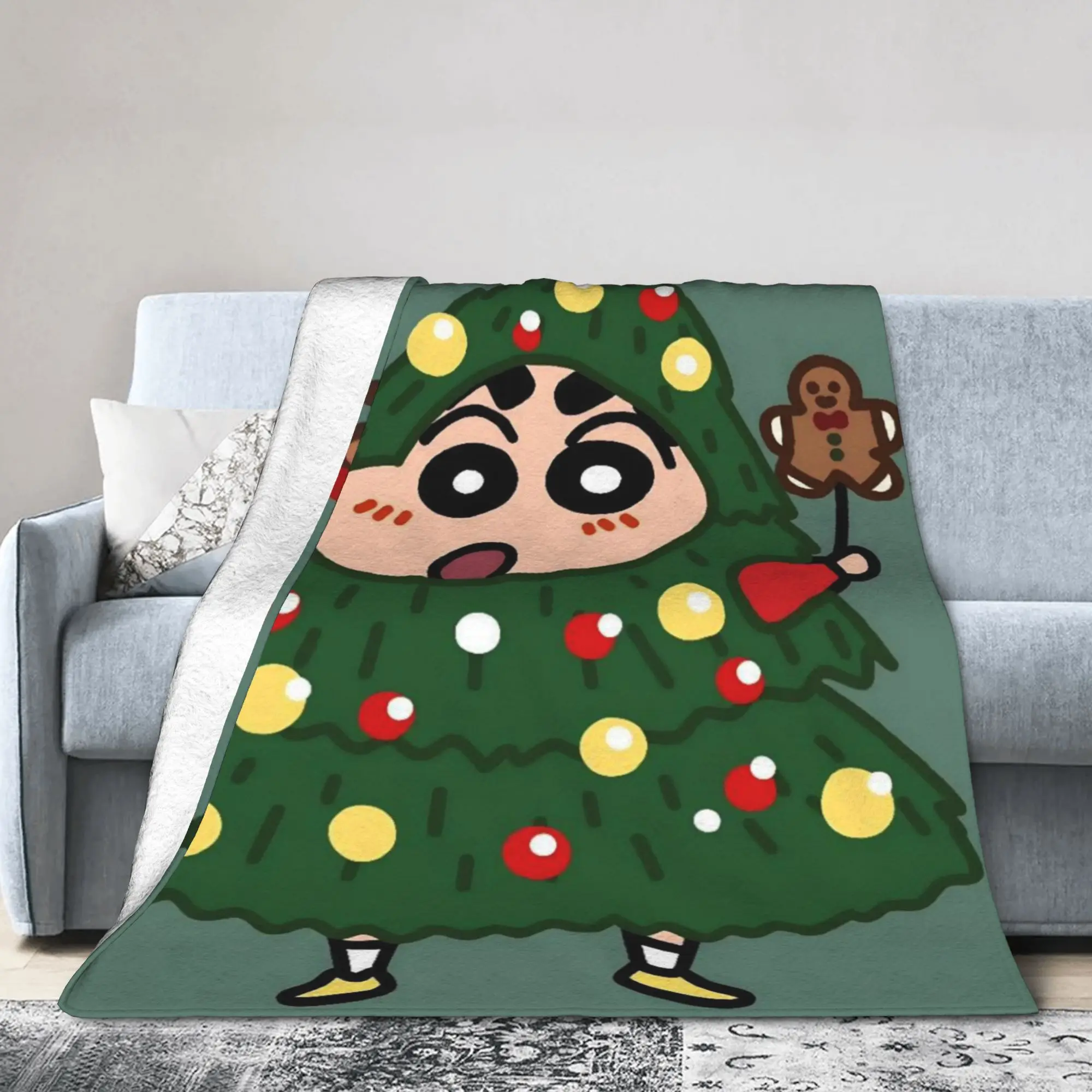 Shinchans Christmas Tree Xmas Knitted Blankets Flannel Funny Super Warm Throw Blankets for Car Sofa Couch Bedspread