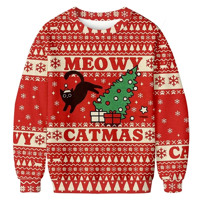 

Мужские праздничные пуловеры с забавным черным котом, мем, рождественский уродливый свитшот в стиле Харадзюку, большие топы с длинными рукавами, осень 2026