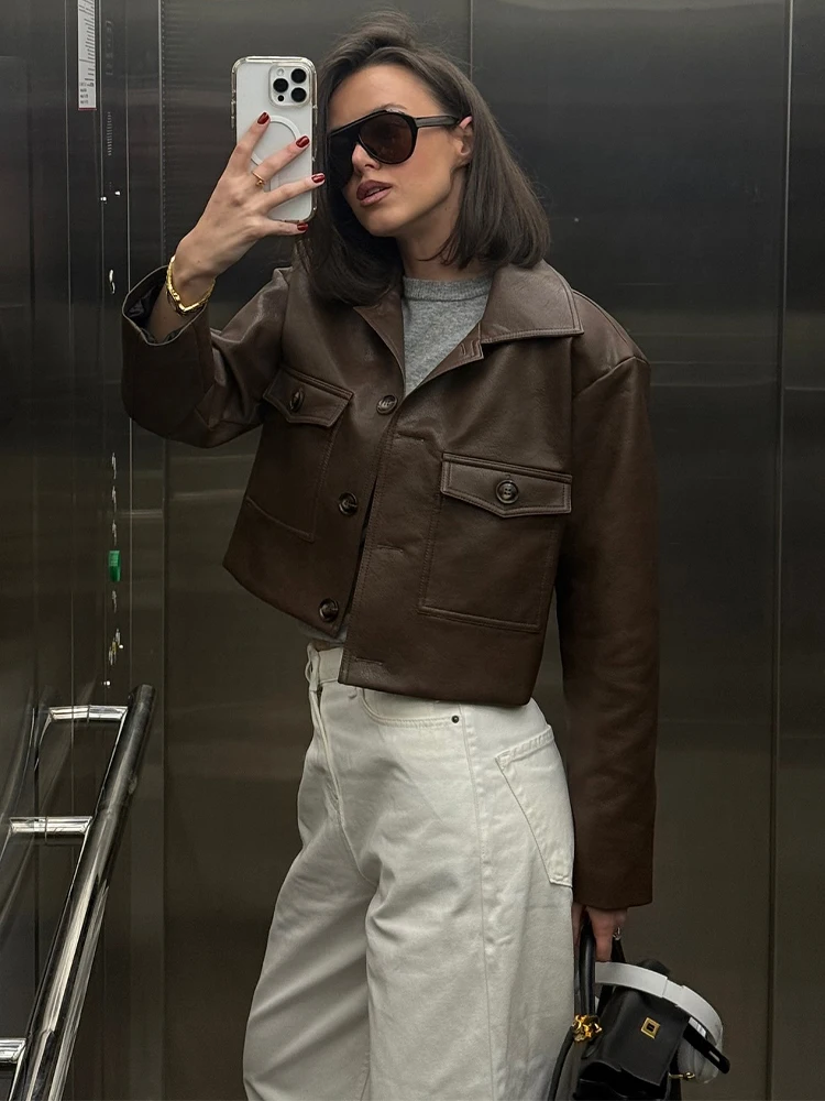 Women Dark Brown Leather Coats Stand-up Neck Short Loose Single Breasted Pocket Jackets Long Sleeves 2025 Autumn Fashion Coat