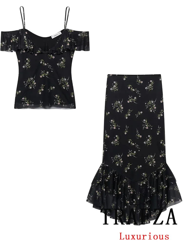 TRAFZA Sexy Chic Frauen Anzug Blume Drucken Ärmelloses Rückenfreies Kurzes Top Lange Gerade Rock Mode 2025, Frühling Sommer Sets