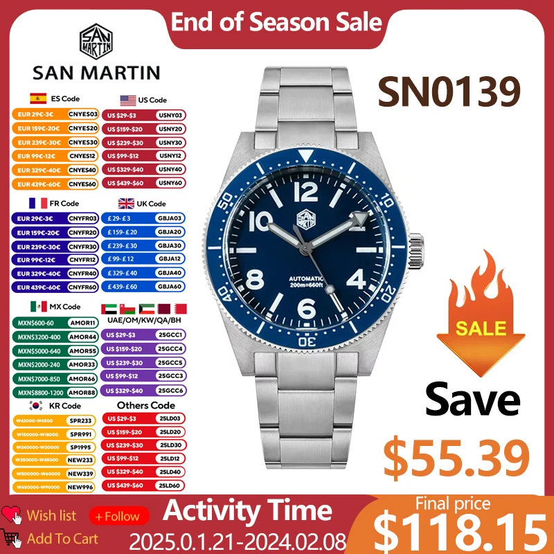 San Martin SN0139 39mm Dive Watch NH35 Automatic Mechanical Movement Waterproof Luminous Sapphire Wristwatch Limited Edition