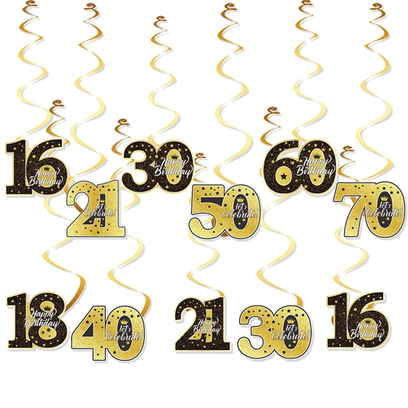 6Pcs 16/18/21/30/40/50/60/70 Years Old Birthday Party Spiral Garlands Swirl Banner Pendants Birthday Party Ceiling Hanging Decor